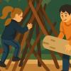Zeichnung: Kinder bauen mit Holzstämmen im Wald
