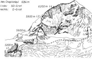 Besteigungsroute des Chopicalqui während der NaturFreunde-Anden-Expedition 1971